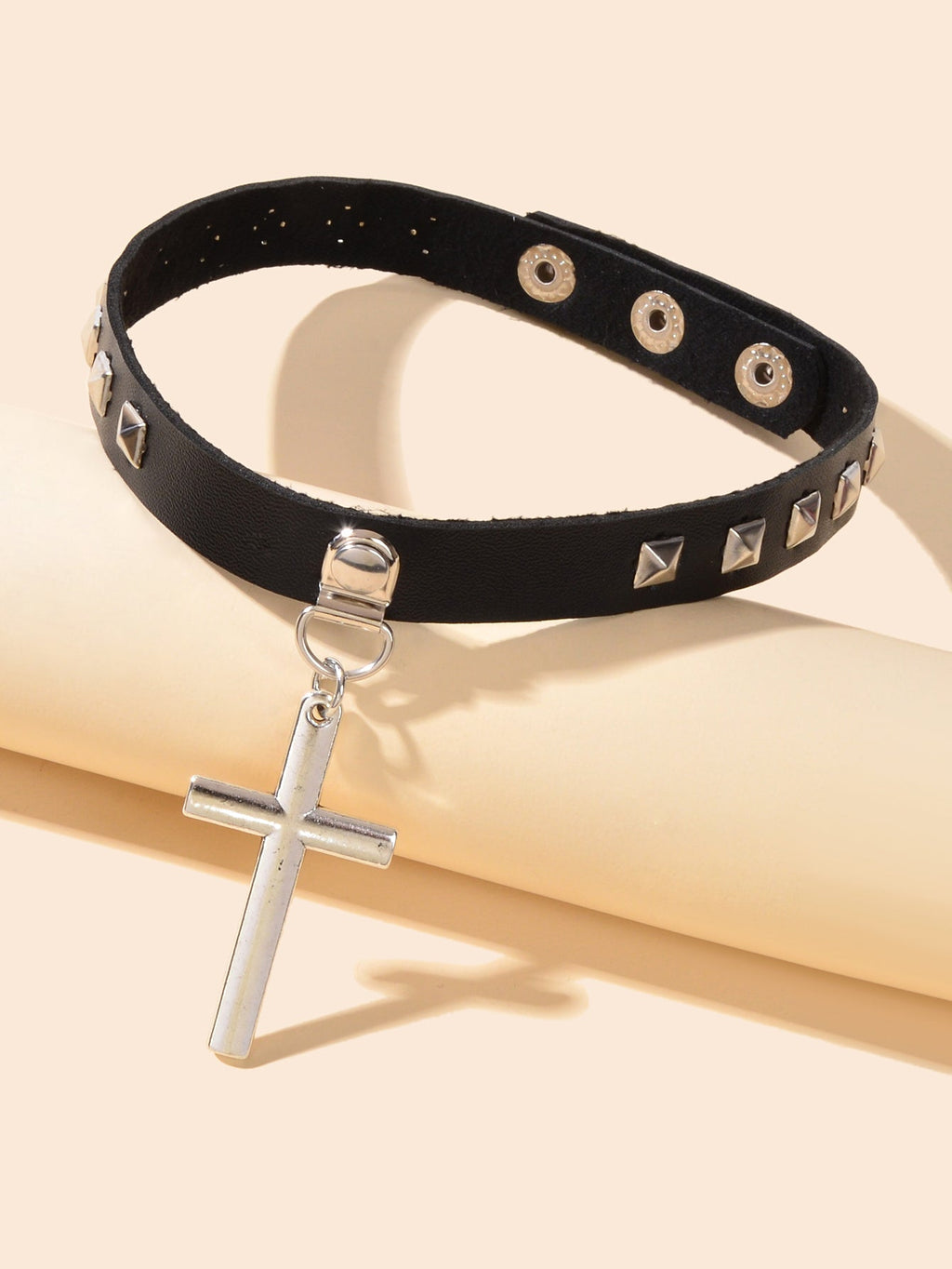 Hip Hop Red Black Pu Leather Spike Adjustable Short Choker Silver Cross Necklace-1