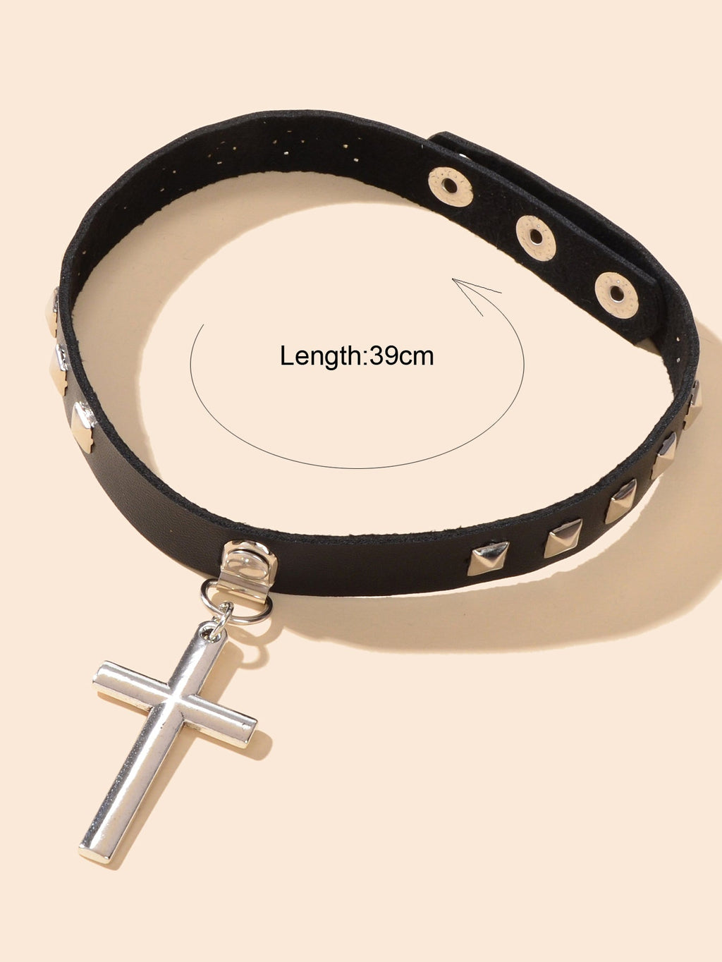 Hip Hop Red Black Pu Leather Spike Adjustable Short Choker Silver Cross Necklace-3