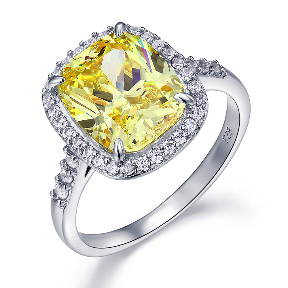 Solid 925 Sterling Silver Luxury Engagement Ring - 6 ct Cushion Cut Yellow Canary Created Diamante Jewelry