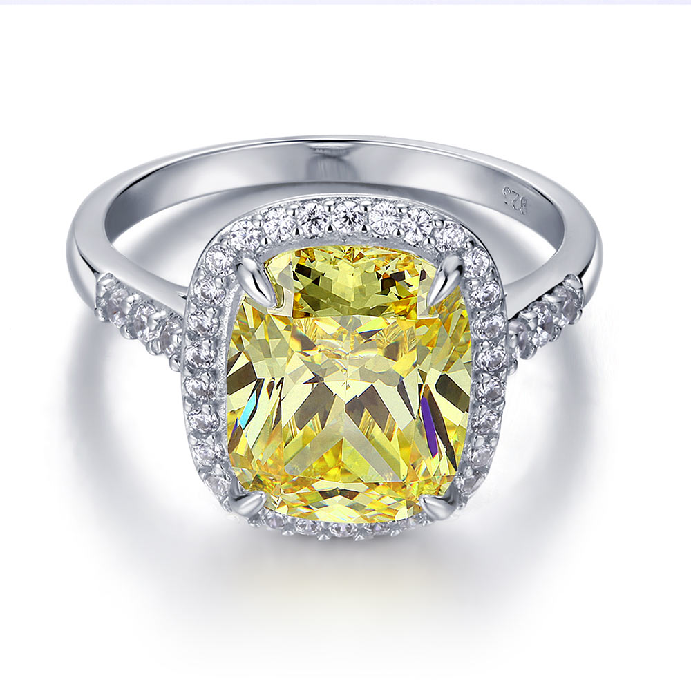 Solid 925 Sterling Silver Luxury Engagement Ring - 6 ct Cushion Cut Yellow Canary Created Diamante Jewelry