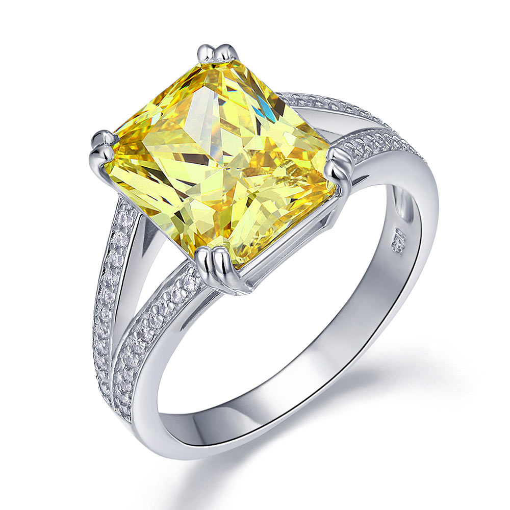 925 Sterling Silver Luxury Ring - 6 Carat Fancy Yellow Created Diamond Radiant Cut