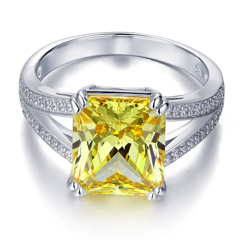 925 Sterling Silver Luxury Ring - 6 Carat Fancy Yellow Created Diamond Radiant Cut