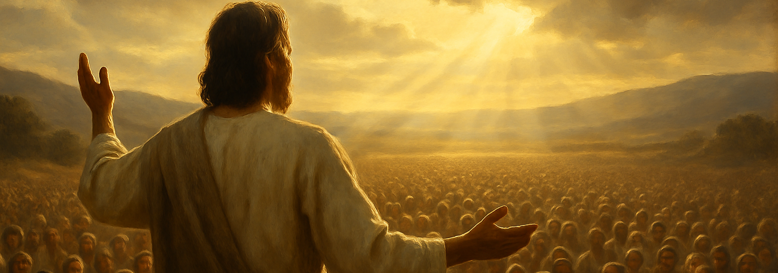 Create an impactful landscape of a man speaking to a large crowd about Jesus, have the man’s back towards the screen and the large crowd facing towards the man and screen, have the crowd slightly blurred 