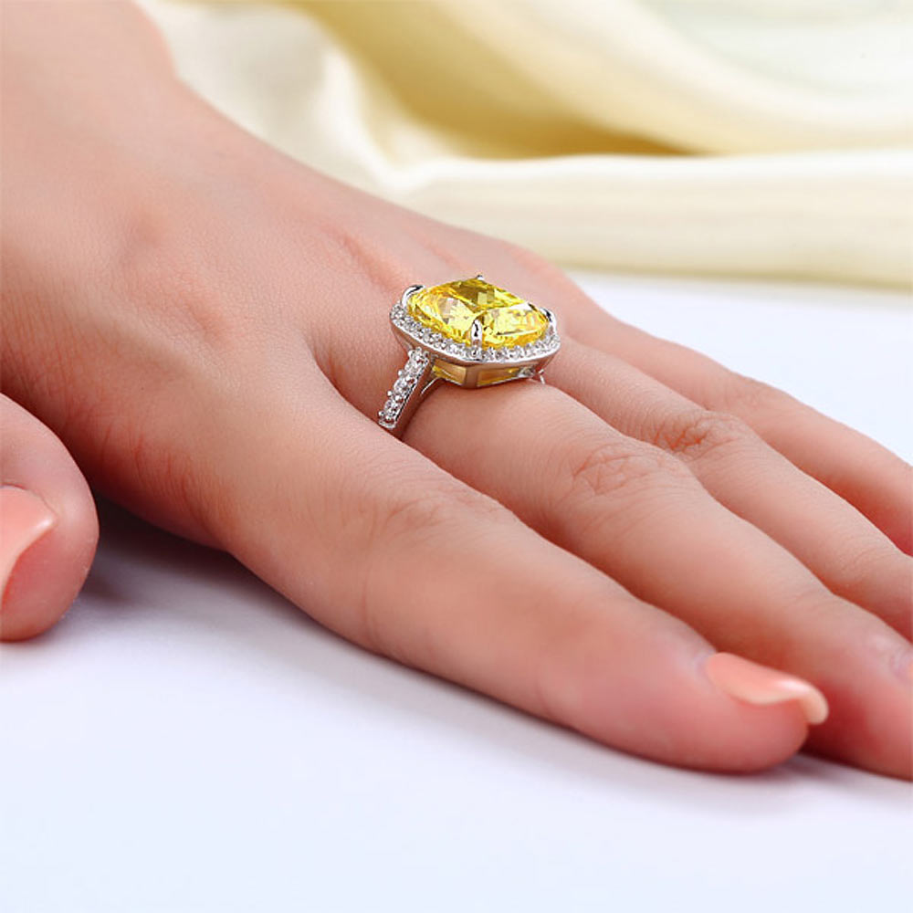 Solid 925 Sterling Silver Luxury Engagement Ring - 6 ct Cushion Cut Yellow Canary Created Diamante Jewelry