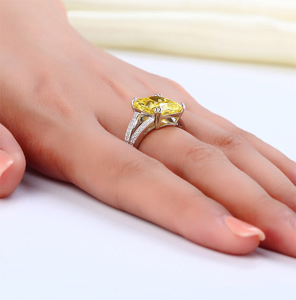 925 Sterling Silver Luxury Ring - 6 Carat Fancy Yellow Created Diamond Radiant Cut