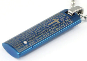 Religion Cross Bible Quote Blue Steel  - Cubic Zirconia Pendant Chain