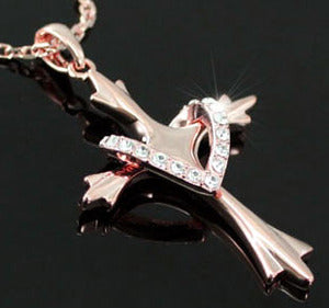 Cross Heart Rose Gold Plated Necklace w/ Austrian Crystal